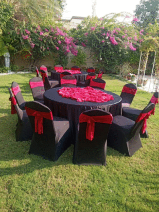 Garden Party Table Setup with Black & Red Theme