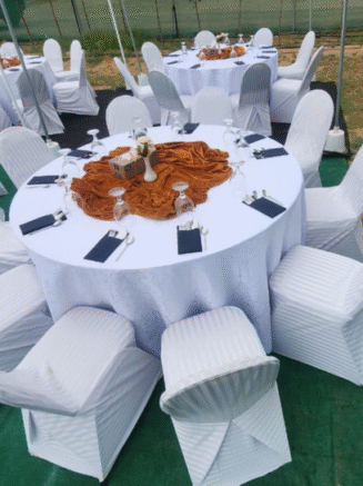Outdoor Banquet Arrangement with White & Gold Decor